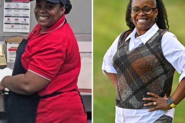 Images of Trina Love show her at heaviest weight, on the left, and her current weight of 165 in December 2023.