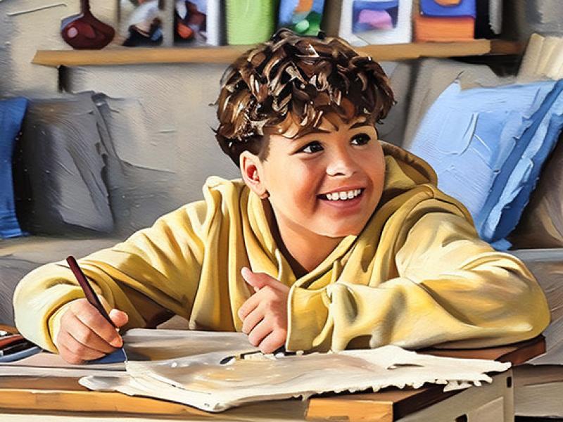 Young male with a big smile on his face sitting at a table drawing.