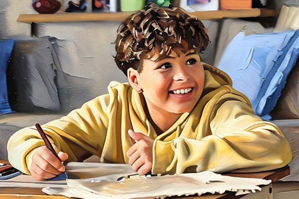 Young male with a big smile on his face sitting at a table drawing.