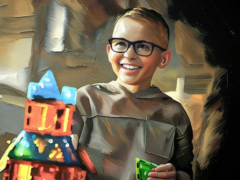 Young male with a big smile on his face playing with toys.