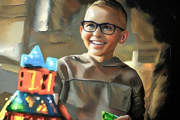 Young male with a big smile on his face playing with toys.