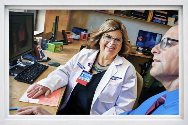 A painting of registered nurse clinical supervisor Aileen McCormick talking with a doctor.