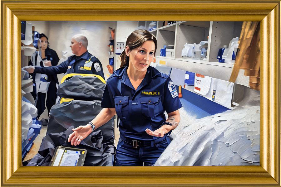 A painted image of Alex Blackwood working in the emergency room.