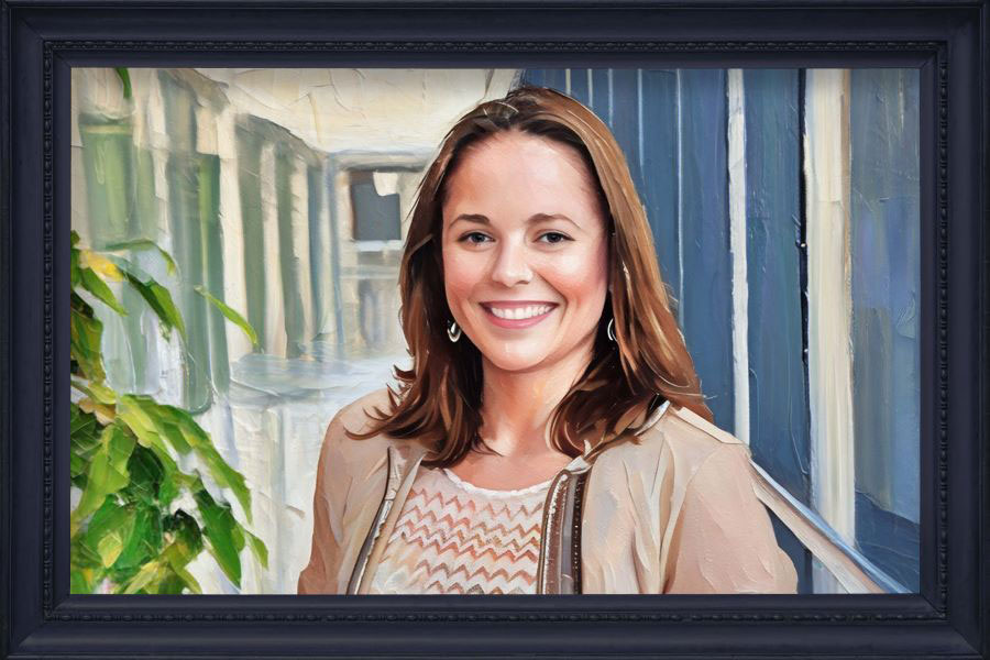 A painted image of a woman with long dark hair, set against a muted background.