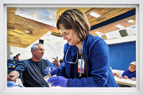 A painting of community health nurse Angela Shuman helping a patient.