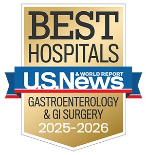 Badge image of U.S. News & World Report Best Hospitals – Ranked nationally in Gastroenterology & GI Surgery Specialties for 2025-2026.