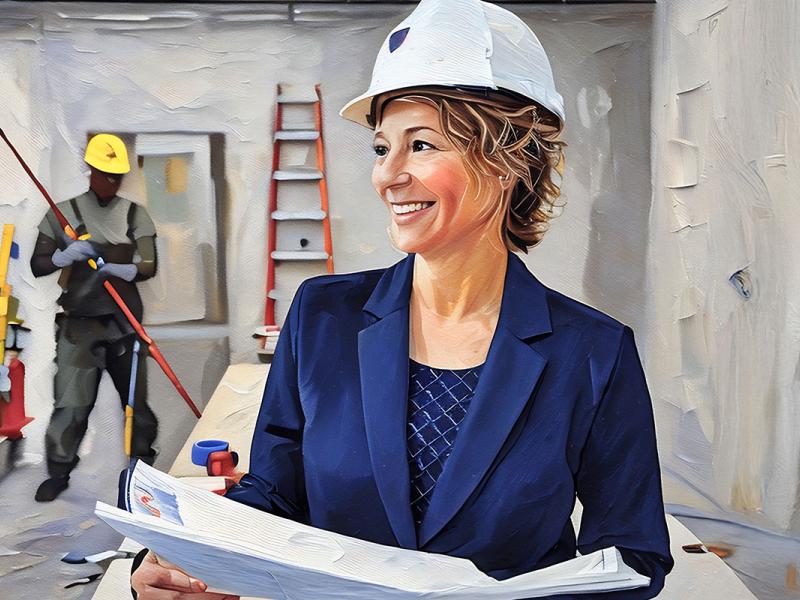 A woman in a blue suit holds a blue paper, standing confidently with a neutral expression. 