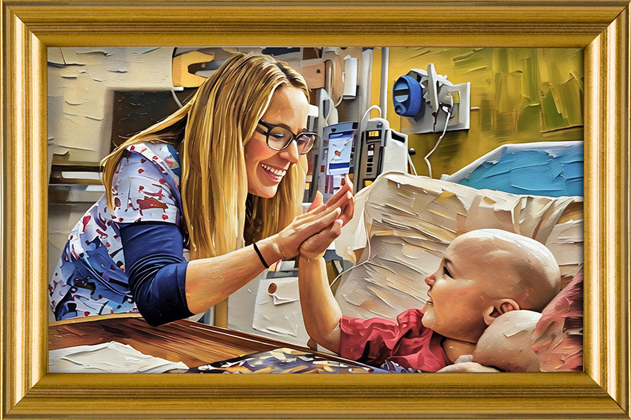 A woman and child are portrayed in a hospital room in this painting, highlighting themes of compassion and support.