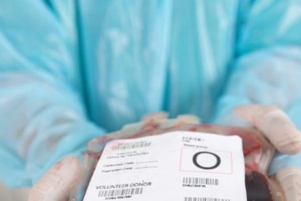 A health care worker holds a bag of donated blood.