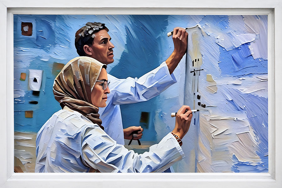 A painting of a woman and man writing on a wipe board on the wall.