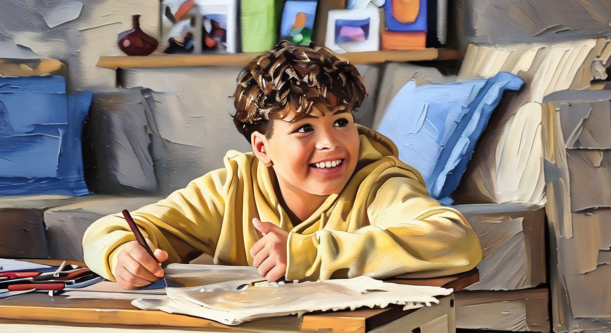 Young male with a big smile on his face sitting at a table drawing.