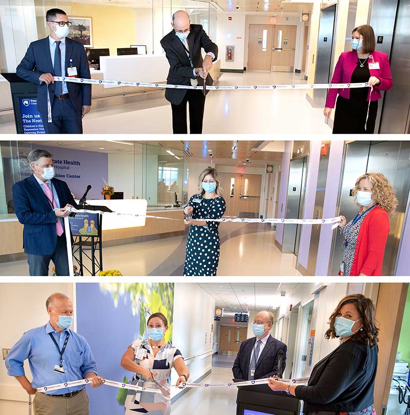 Three photos are combined to show Penn State Health and Children’s Hospital executive leaders cutting ribbons on three different floors of Penn State Health Children's Hospital.