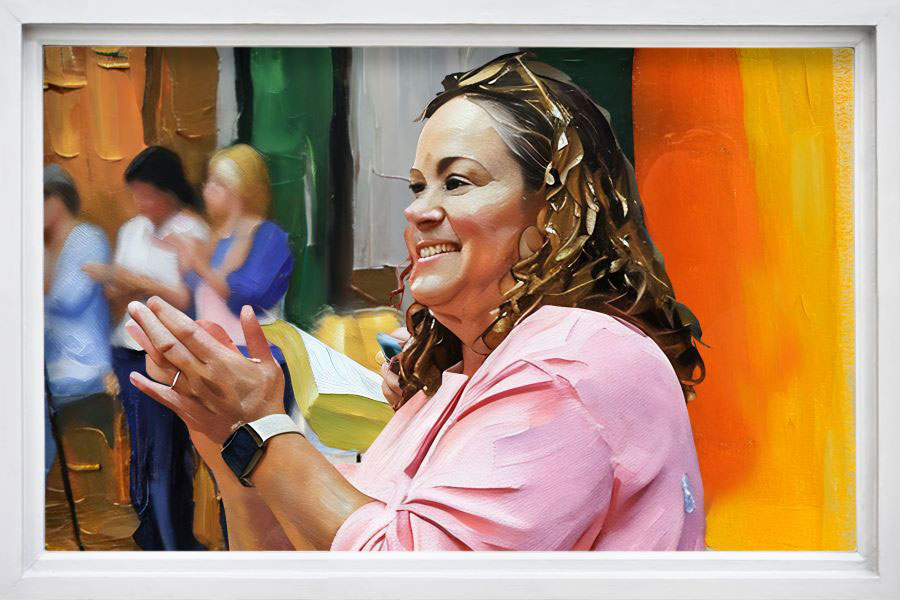 A painted image of a woman with dark hair and glasses on her head, set against a muted backdrop.