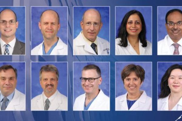Head and shoulders professional portraits of William Calo Perez, Ephraim Church, William Curry, Smita Dandekar, Nandakumar Nagaraja, Dino Ravnic, Todd Schell, Scott Simon, Aleksandra Zgierska and Alice Zhang against a background image of Penn State College of Medicine.