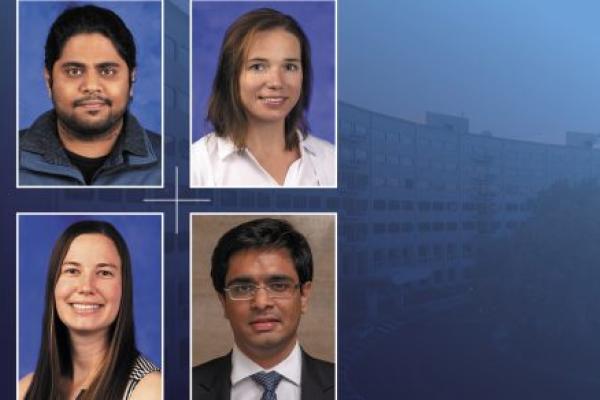 Four professional portraits are boxed over a background of the Crescent Building. On the top row from left are Navaneetha Bharathan and Marina Chulkina. On the bottom row from left are Stephanie Schell and Siddharth Sunilkumar.