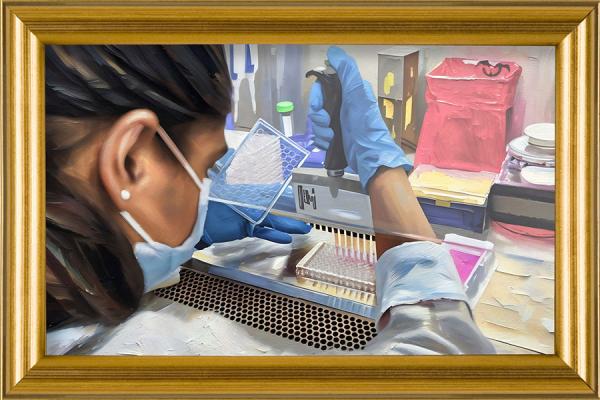 The painting features a woman dressed in a lab coat, highlighting her involvement in research and science.
