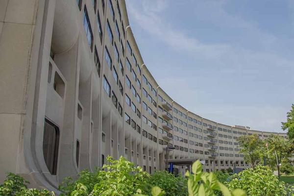 A closely cropped view of the Penn State Health Milton S. Hershey Medical Center Crescent.