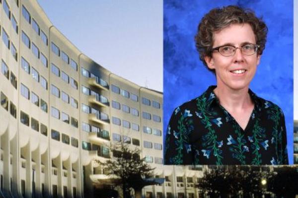 A head-and-shoulders professional portrait of Dr. Kathleen Julian superimposed on a background image of the College of Medicine crescent building