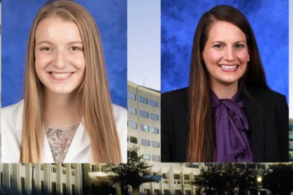 Portrait of a woman wearing a white medical coat, left, next to a portrait of a women wearing a blouse and jacket