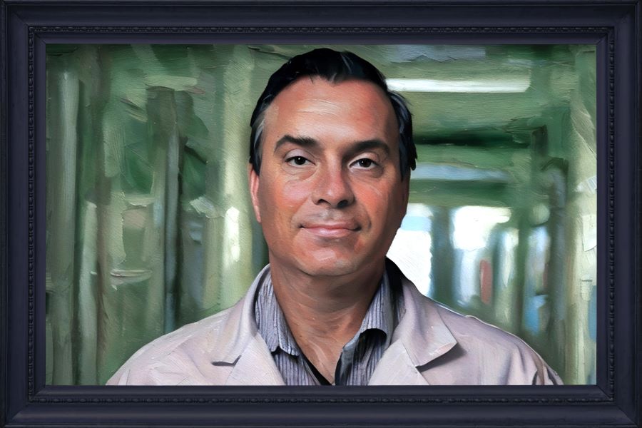 A painting of a man with dark hair set against a soft, muted background