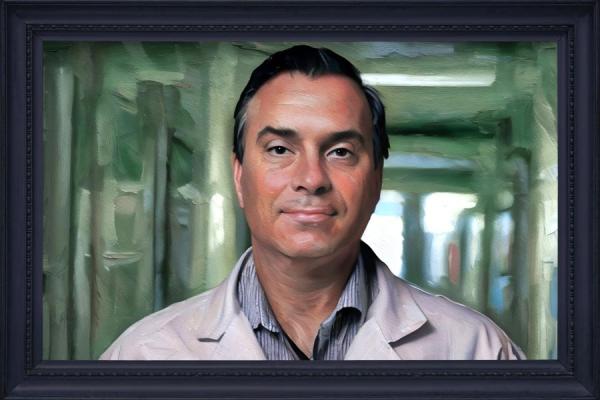 A painting of a man with dark hair set against a soft, muted background.