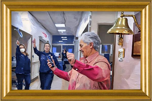 A painting of a woman cheering with others as she looks on her phone.