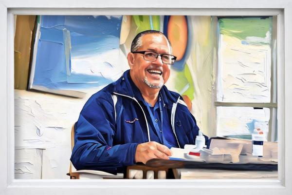 A painting of a smiling man wearing glasses and sitting at a desk, set against a soft, neutral background.