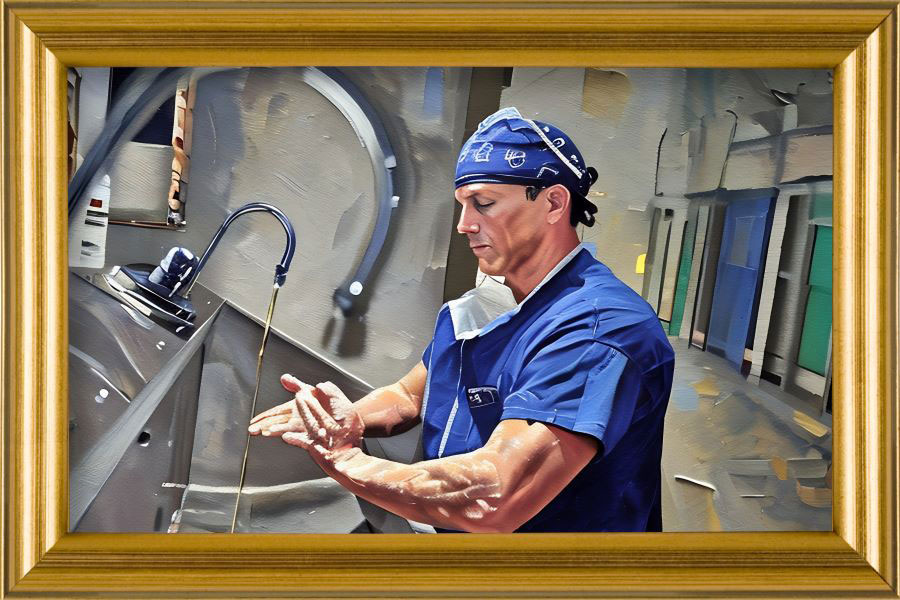 A painted image of Dr. Gary Aghazarian washing his hands prior to surgery.