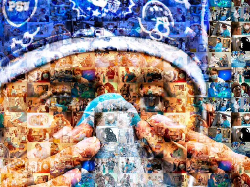 A collage of photos of hospital personnel that come together to make up a larger photo of Dr. Neerav Goyal, a head and neck surgeon, trying on an N95 mask that was 3-D printed when supplies were low at the start of the COVID-19 pandemic.