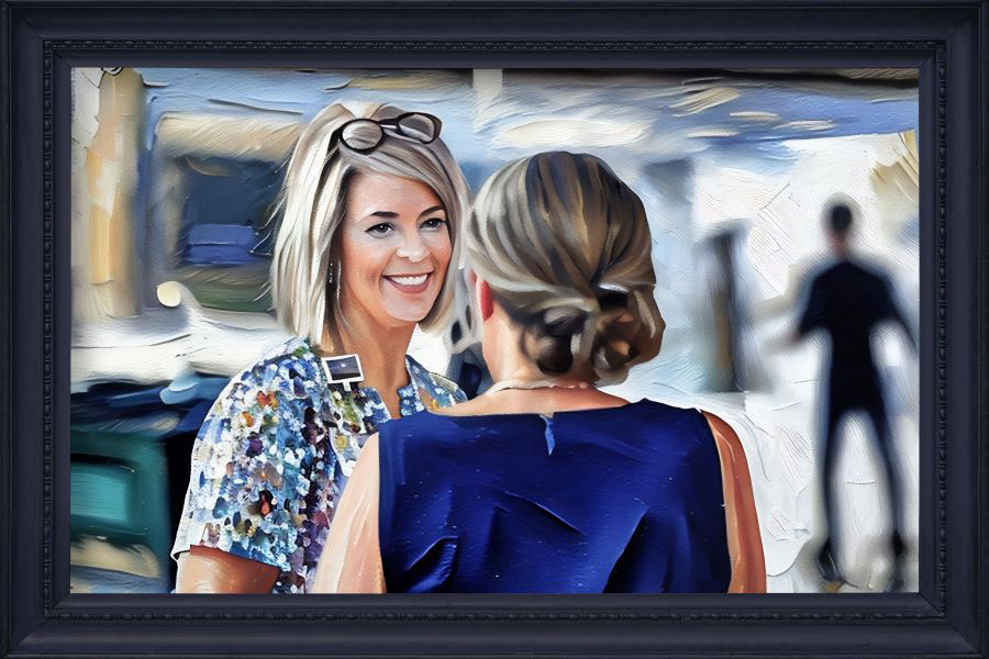 A painted image of Gretchen Ramsey talking to a woman, set against a muted background.