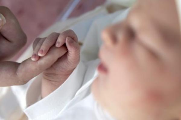 An infant grasps the finger of an adult.