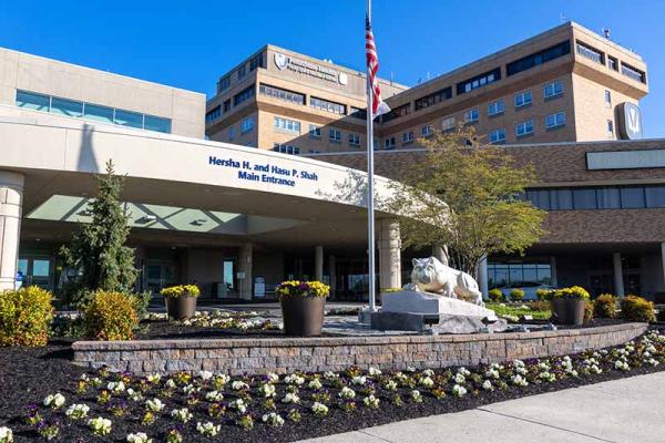 Exterior view of the front entrance of Penn State Health Holy Spirit Medical Center.