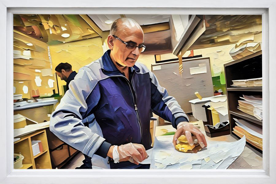 A painted image of Jatin Patel wrapping a sandwich.