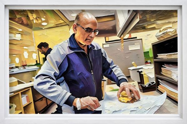 A painted image of Jatin Patel wrapping a sandwich.
