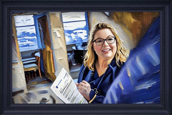 A painted image of Jennifer Ovechka helping a patient complete a form, set against a muted background.