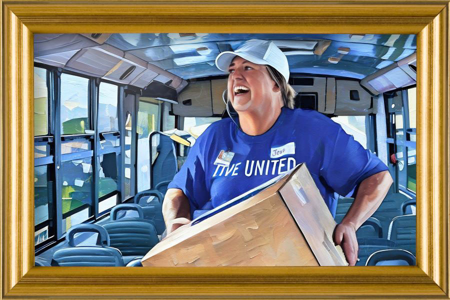 A painted image of Jessica Wadsworth carrying a box inside a bus.