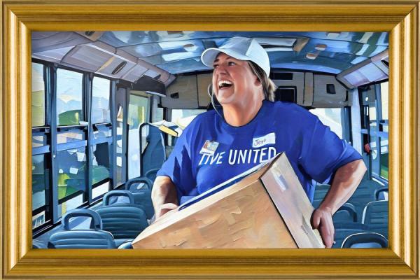 A painted image of Jessica Wadsworth carrying a box inside a bus.