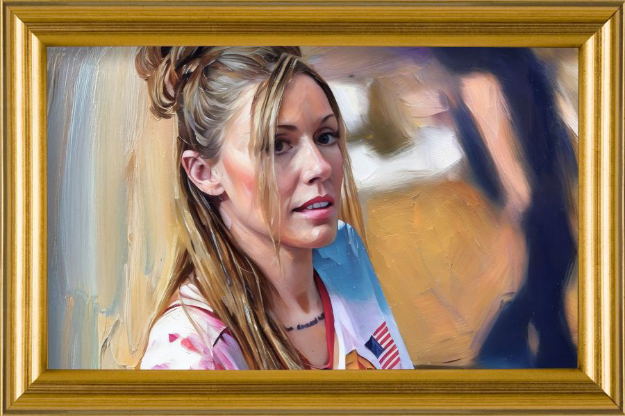 A painting of a woman with long hair wearing a white shirt with a flag, set against a soft, neutral background.