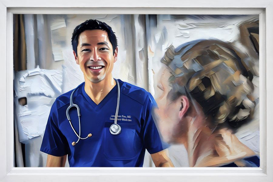 A painted image of Dr. Jonathan Ken talking with a colleague, against a muted background.