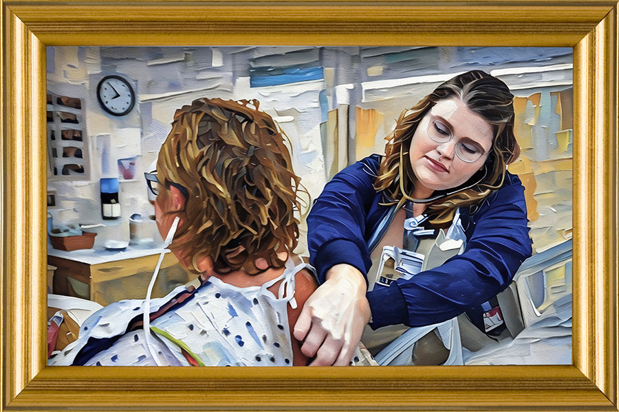 A painting of nurse Kelsey Barrett listening to her patient’s lungs.