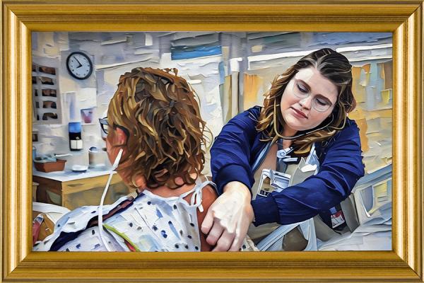 A painting of nurse Kelsey Barrett listening to her patient’s lungs.