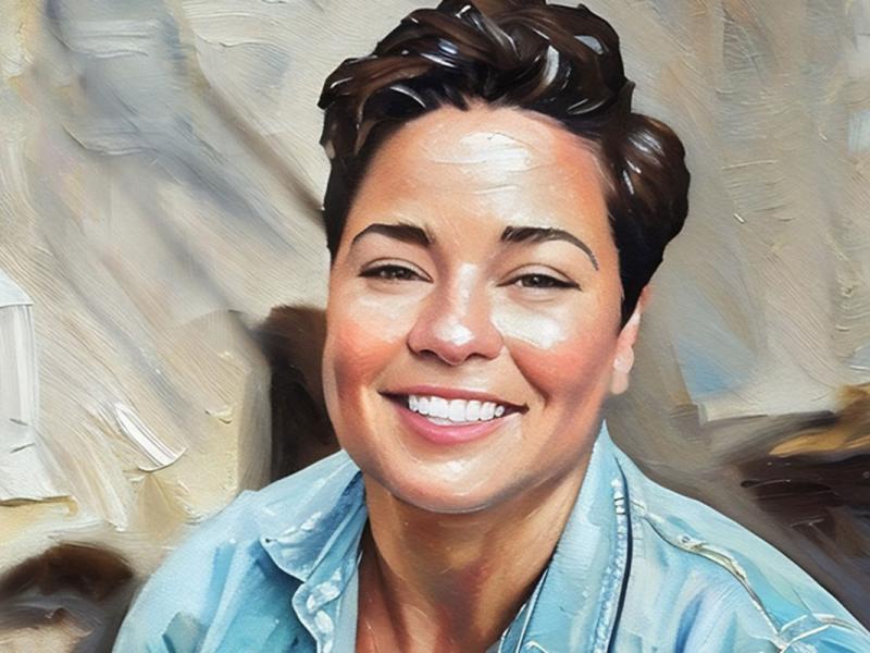 A painting of a smiling woman in a blue shirt, radiating warmth and positivity.