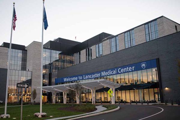 Exterior view of the front entrance of Penn State Health Lancaster Medical Center.