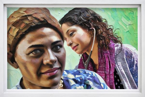 A painting of Dr. Leesha Helm caring for a patient at the Beacon Clinic for Health and Hope.