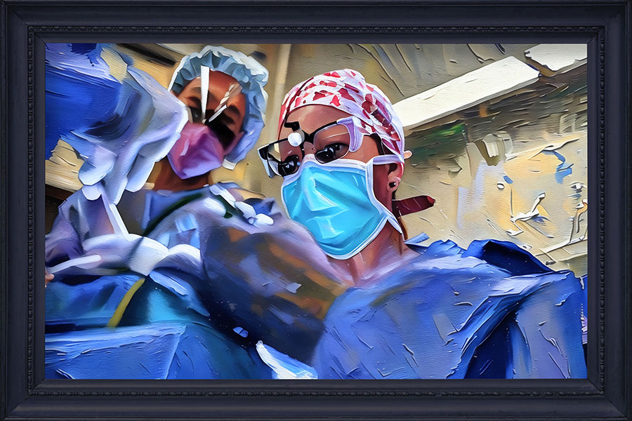 A painted image of Dr. Jessyka Lighthall performing surgery.