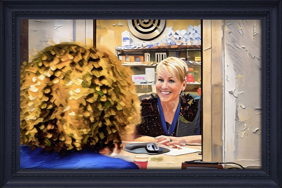 A painting of a woman with short blonde hair sitting at her desk and smiling at a patient.