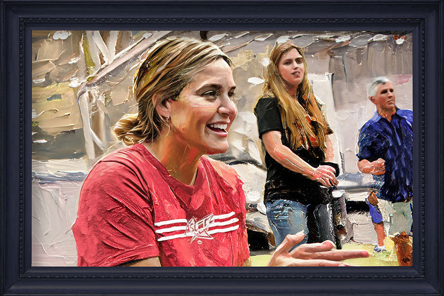 A painting of a woman with blonde hair wearing a red shirt and clapping, set against a soft, neutral background.