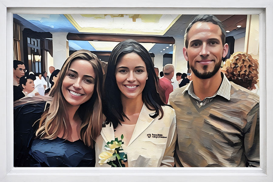 A painting of two females and one male posing in front of a camera inside an event hallway.