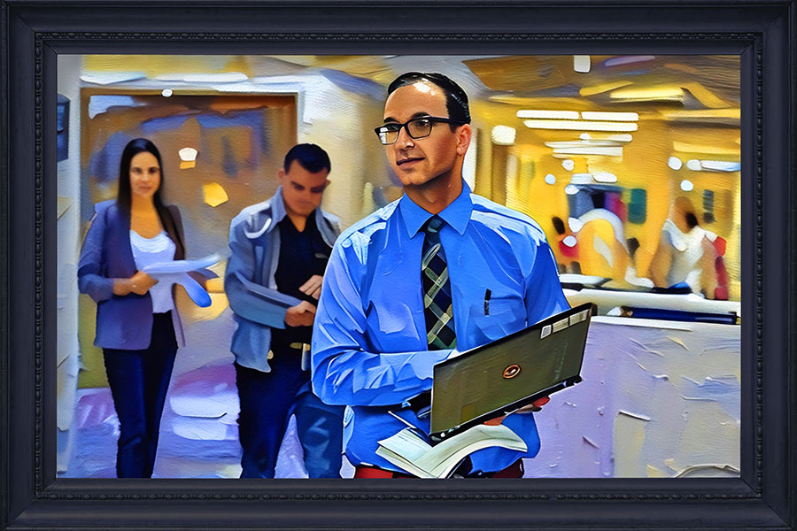 A painted image of Manny Isherwood holding a laptop computer.