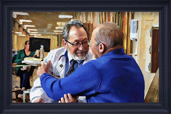 A painted image of Dr. Marc Rovito comforting a patient.